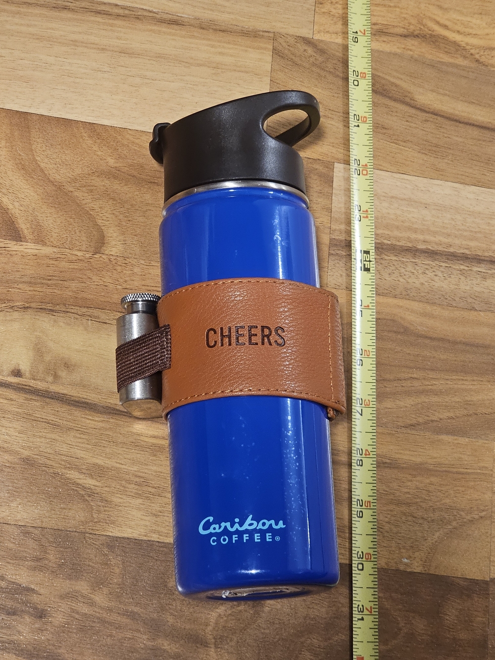 Caribou Coffee Insulated Bottle with 'CHEERS' Leather Sleeve
